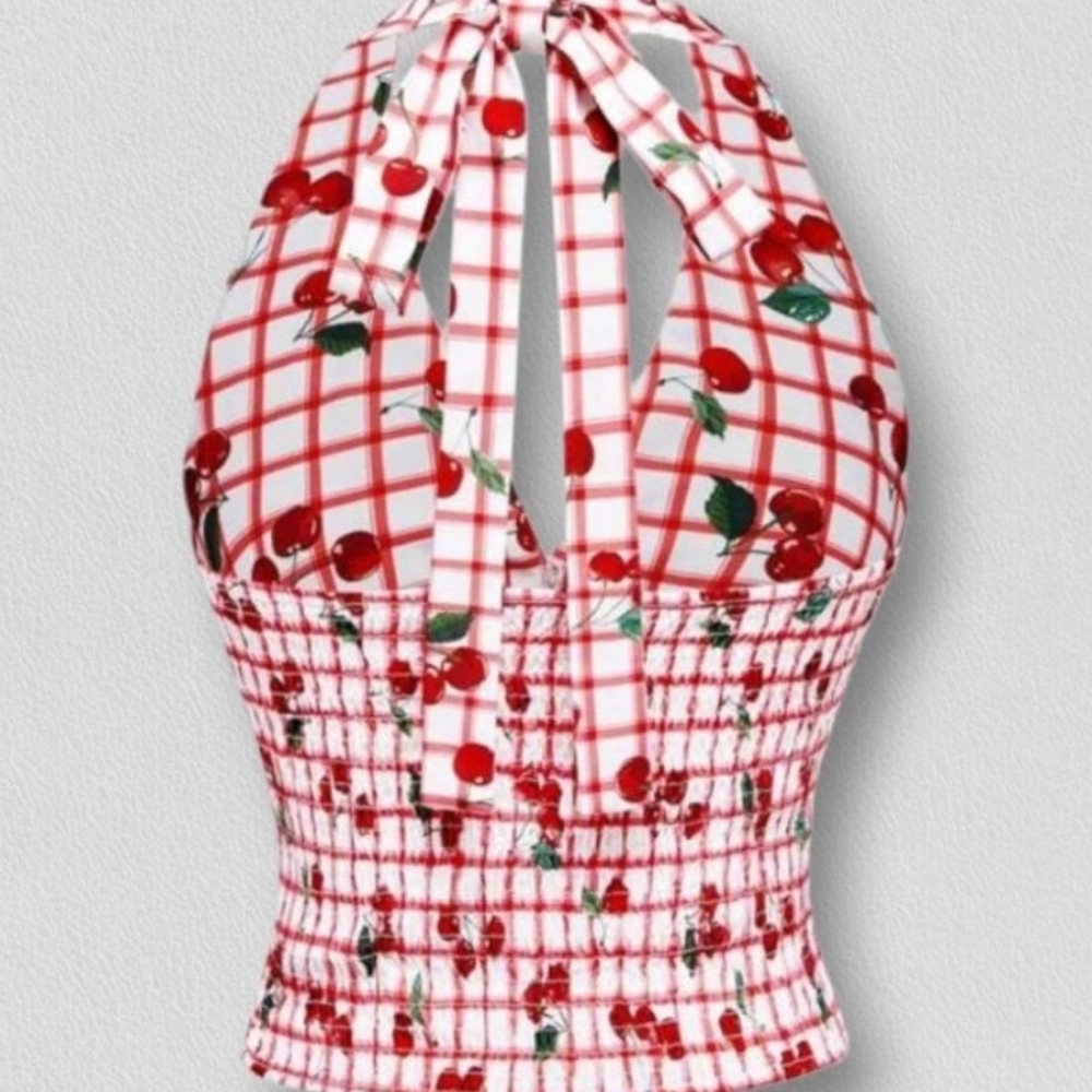 ROMWE Red and White Checkered Cherry Crop Top - Picture 2 of 7
